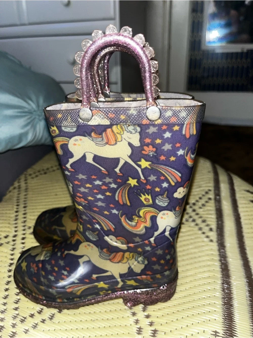 Kids Purple Unicorn Rain Boots with Glitter Handles